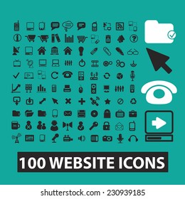 100 sitios web planos iconos negros, signos, ilustraciones puestas, vector