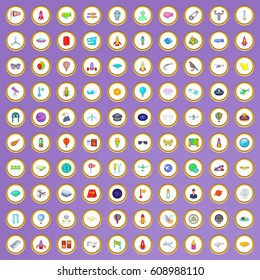 100 flight and aviation icons set in cartoon style on purple background vector illustration
