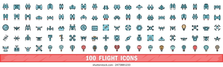 100 flight icons set. Color line set of flight vector icons thin line color flat on white