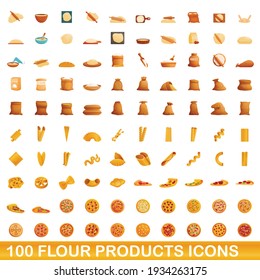 100 flour products icons set. Cartoon illustration of 100 flour products icons vector set isolated on white background