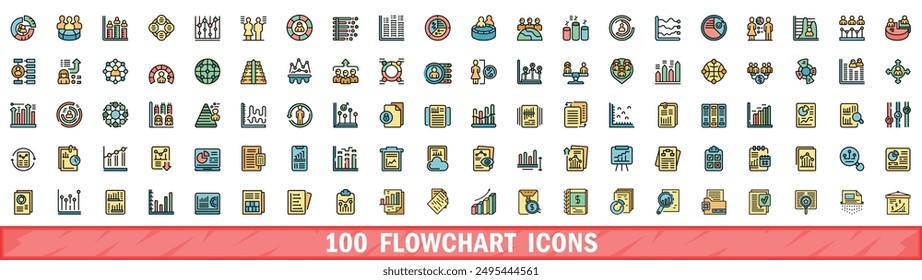 Conjunto de 100 iconos de diagrama de flujo. Conjunto de línea de color de iconos vectoriales de diagrama de flujo línea fina color plana en blanco