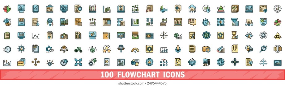 Conjunto de 100 iconos de diagrama de flujo. Conjunto de línea de color de iconos vectoriales de diagrama de flujo línea fina color plana en blanco