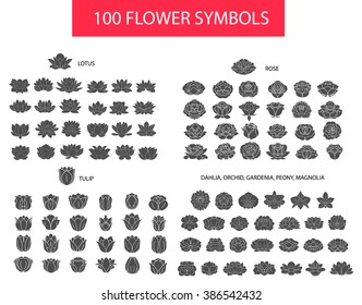 100 flower thin line flat modern icons. Hand drawn silhouette vector set, rose, lotus, tulip, dahlia, peony, gardenia collection isolated on white background, logo, sign, symbol outline collection. 