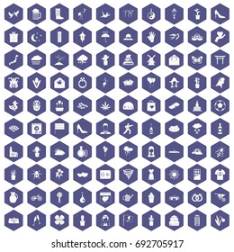 100 flowers icons set in purple hexagon isolated vector illustration