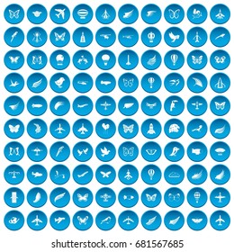100 fly icons set in blue circle isolated on white vector illustration