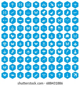 100 fly icons set in blue hexagon isolated vector illustration