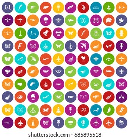 100 fly icons set in different colors circle isolated vector illustration