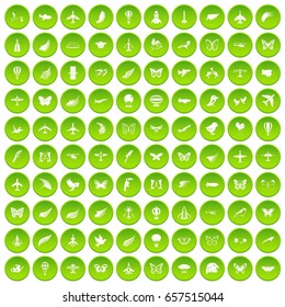 100 fly icons set green circle isolated on white background vector illustration