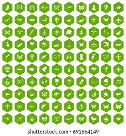 100 fly icons set in green hexagon isolated vector illustration