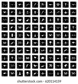 100 fly icons set in grunge style isolated vector illustration