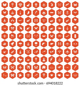 100 fly icons set in orange hexagon isolated vector illustration