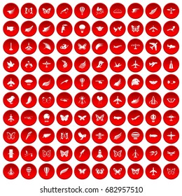 100 fly icons set in red circle isolated on white vector illustration