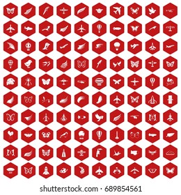 100 fly icons set in red hexagon isolated vector illustration