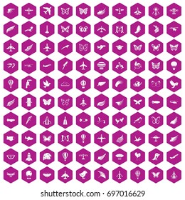 100 fly icons set in violet hexagon isolated vector illustration