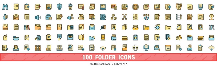 100 iconos de carpeta establecidos. Conjunto de línea de color de iconos de vector de carpeta línea fina de color plana en blanco