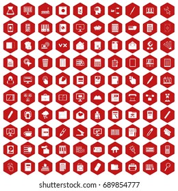 100 folder icons set in red hexagon isolated vector illustration