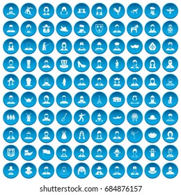 100 folk icons set blue