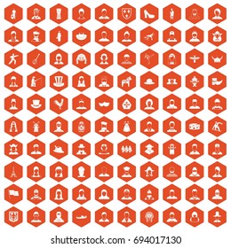 100 folk icons set in orange hexagon isolated vector illustration