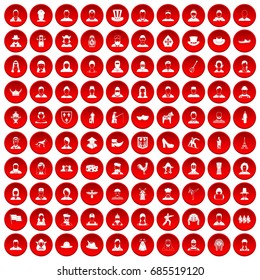 100 folk icons set in red circle isolated on white vectr illustration