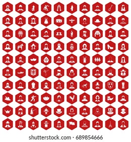 100 folk icons set in red hexagon isolated vector illustration