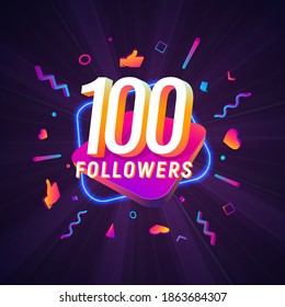 100 followers celebration in social media vector web banner on dark background. One hundred follows 3d Isolated design elements