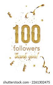 100 followers celebration vertical vector banner. Social media achievement poster. One hundred followers thank you lettering. Golden sparkling confetti ribbons. Shiny gratitude text on white backdrop. svg