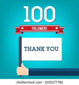 100 followers illustration and a hand holding flag with thank you message, flat design vector illustration. svg