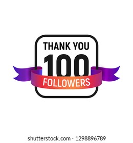 100 followers number with color bright ribbon isolated vector icon. One hundred follower thank you