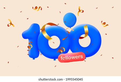 100 followers thank you 3d blue balloons and colorful confetti. Vector illustration 3d numbers for social media followers, Thanks followers, blogger celebrates subscribers, likes svg