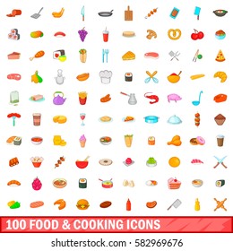 100 food and cooking icons set in cartoon style for any design vector illustration