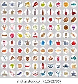 100 Food And Drink Icons Set, Color Vectors Collection.