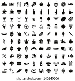 100 food and drink icons set, black and white vectors collection.