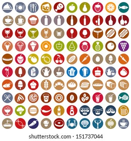 100 Food And Drink Icons Set, Color Vectors Collection.