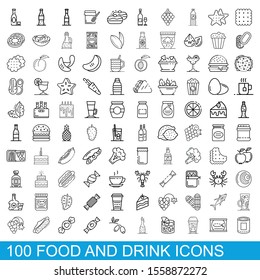 100 food and drink icons set. Outline illustration of 100 food and drink icons vector set isolated on white background