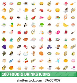 100 Food And Drinks Icons Set. Isometric 3d Illustration Of 100 Food And Drinks Vector Icons Set Isolated On White Background