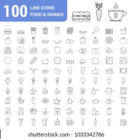 100 Food and drinks line icons - fast food, fruits and vegetables, tea and coffee, bakery, breakfast, bottles and other icons, vector eps10 illustration