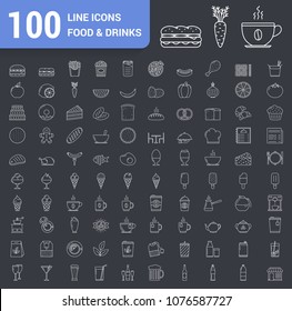 100 Food and drinks line icons - fast food, fruits and vegetables, tea and coffee, bakery, breakfast, bottles and other icons, vector eps10 illustration