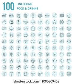 100 Food and drinks line icons - fast food, fruits and vegetables, tea and coffee, bakery, breakfast, bottles and other icons, vector eps10 illustration