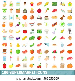 100 food or grocery supermarket icons set. Cartoon illustration of 100 food or grocery supermarket vector icons set isolated on white background