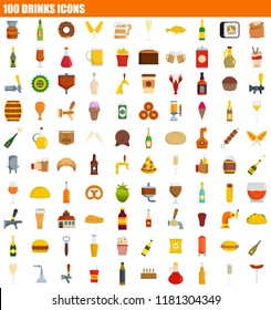 100 food icon set. Flat set of 100 food vector icons for web design