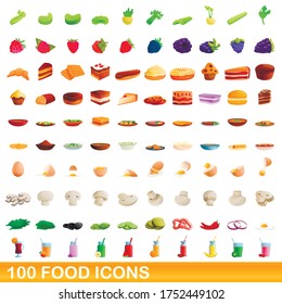 100 food icons set. Cartoon illustration of 100 food icons vector set isolated on white background