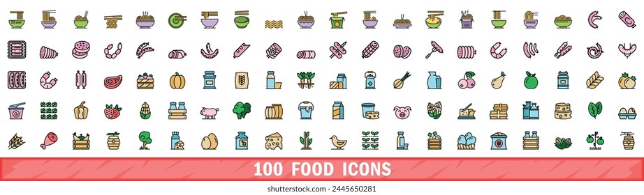 100 food icons set. Color line set of food vector icons thin line color flat on white