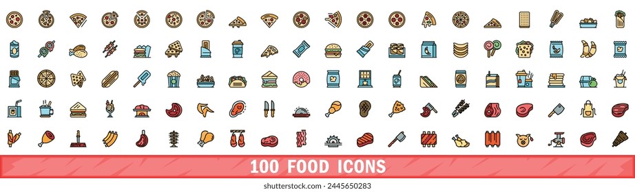100 food icons set. Color line set of food vector icons thin line color flat on white