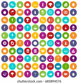 100 food icons set in different colors circle isolated vector illustration