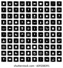 100 food icons set in grunge style isolated vector illustration
