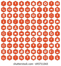 100 food icons set in orange hexagon isolated vector illustration