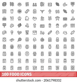100 food icons set. Outline illustration of 100 food icons vector set isolated on white background