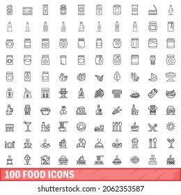 100 food icons set. Outline illustration of 100 food icons vector set isolated on white background