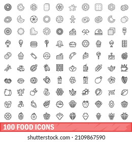 100 íconos de comida. Ilustración de esquema de 100 iconos de alimentos vectores aislados en fondo blanco