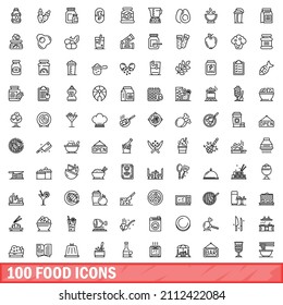 100 food icons set. Outline illustration of 100 food icons vector set isolated on white background